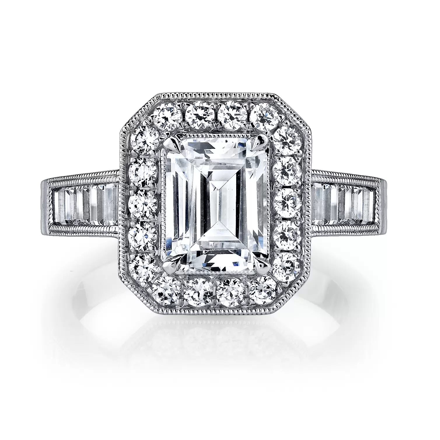 White Gold Emerald Cut Vintage Inspired Engagement Ring with Baguettes - Adele - Profile View