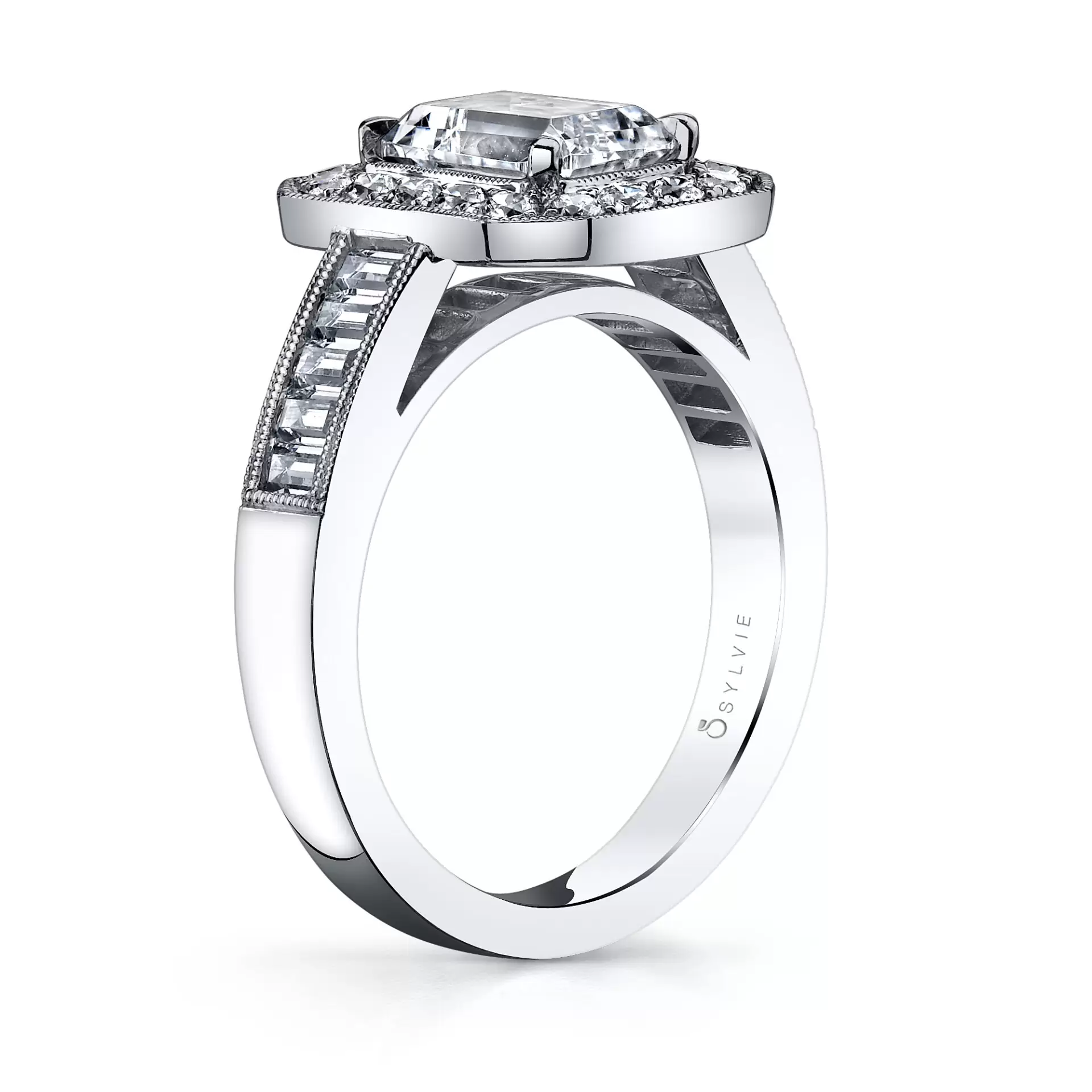 White Gold Emerald Cut Vintage Inspired Engagement Ring with Baguettes - Adele