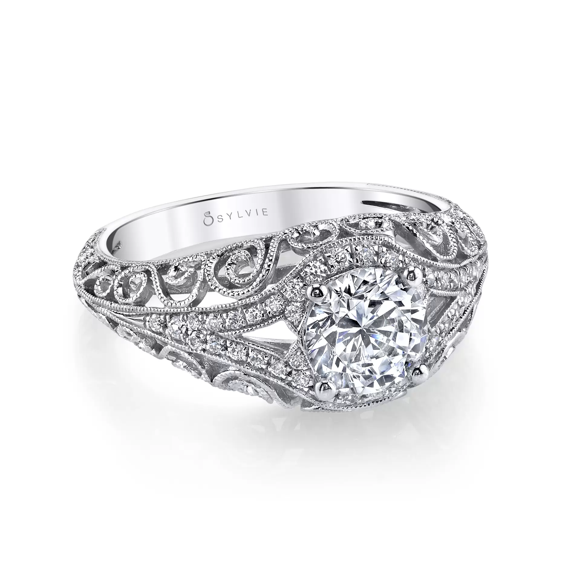 White Gold Round Cut Modern Vintage Engagement Ring - Alyssandra - Profile View