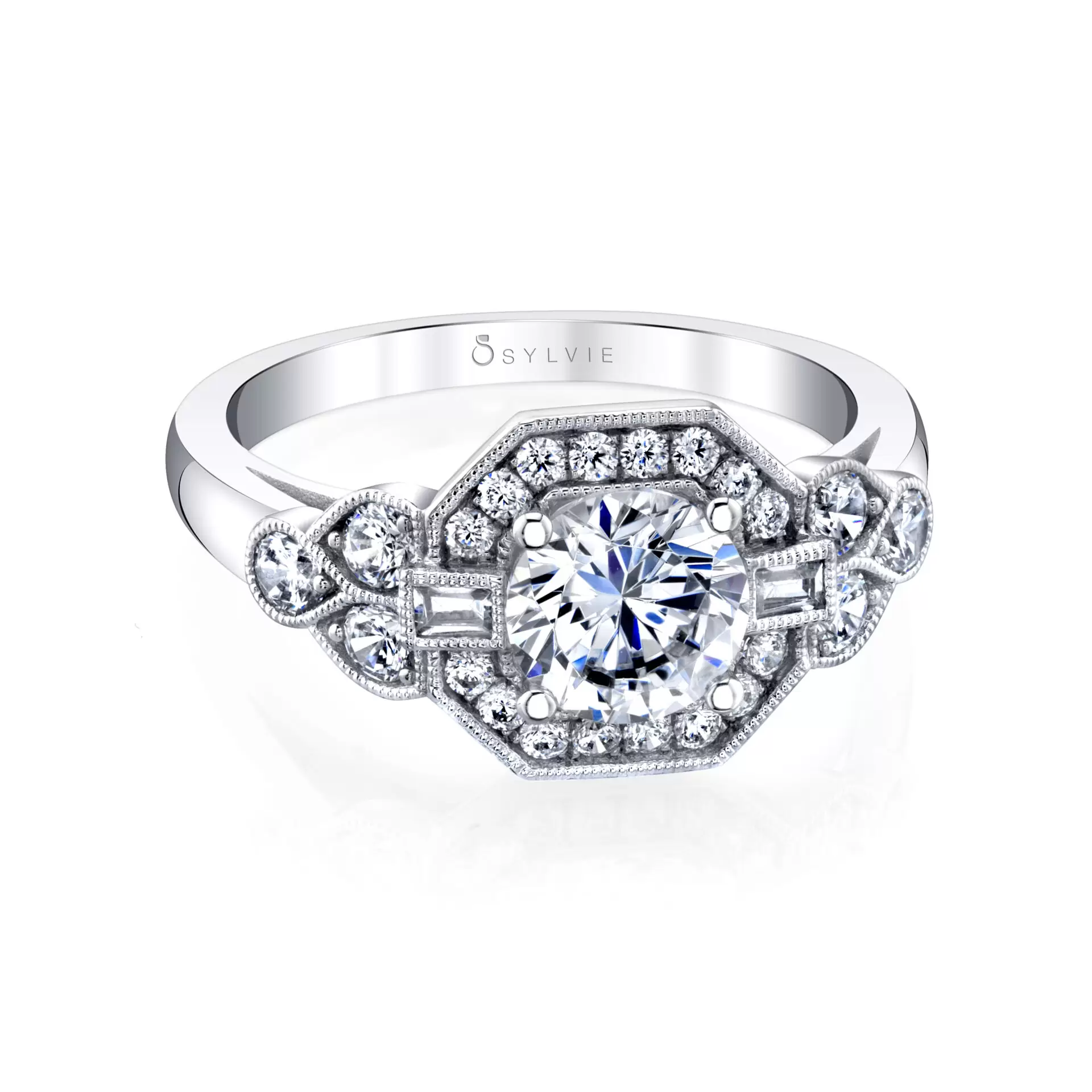 White Gold Round Cut Modern Vintage Engagement Ring - Francesca