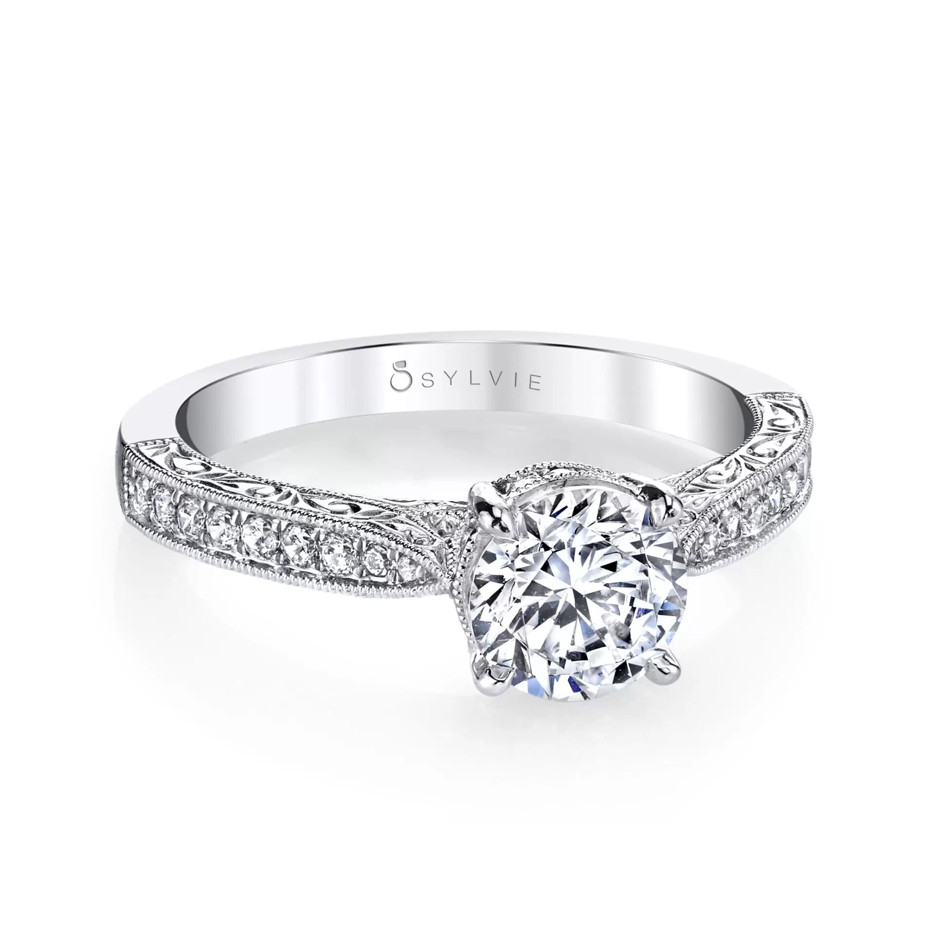 White Gold Round Cut Modern Vintage Engagement Ring - Envie - Profile View