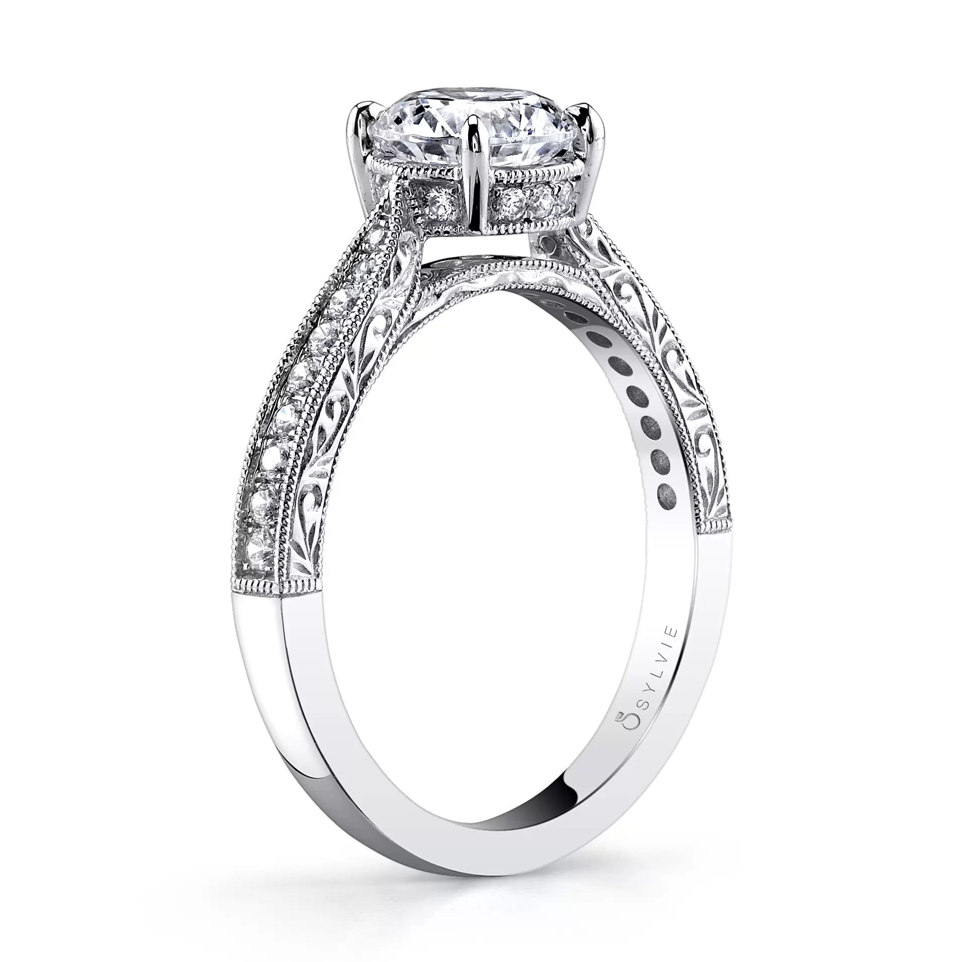 White Gold Round Cut Modern Vintage Engagement Ring - Envie