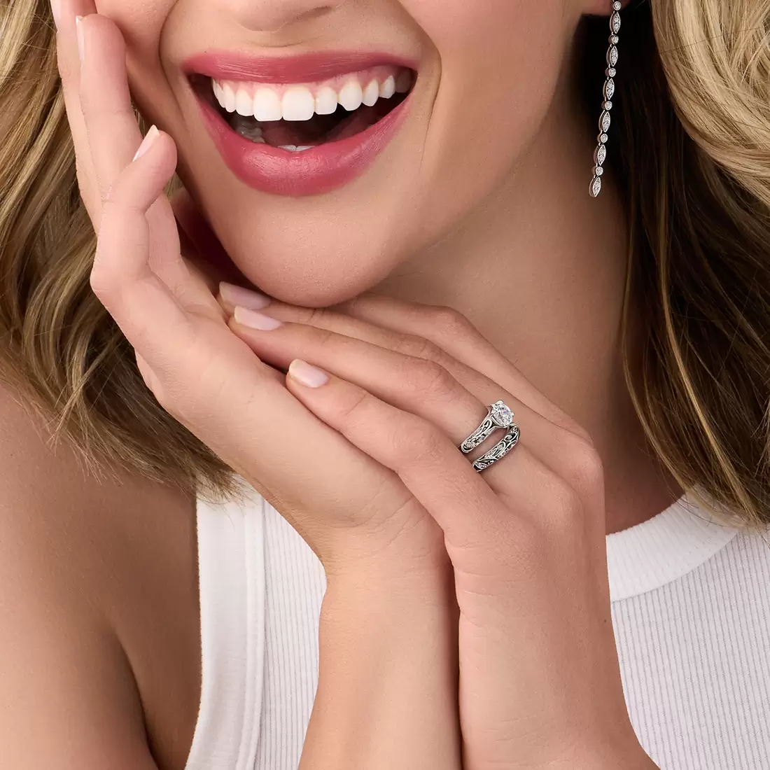 White Gold Round Cut Modern Vintage Engagement Ring - Roial - Lifestyle Image - Lifestyle Image