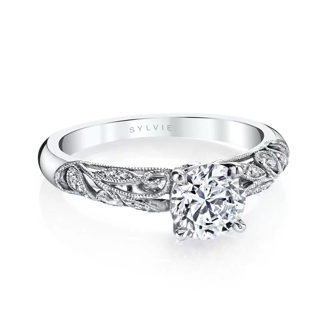 White Gold Round Cut Modern Vintage Engagement Ring - Roial - Lifestyle Image - Lifestyle Image - Profile View