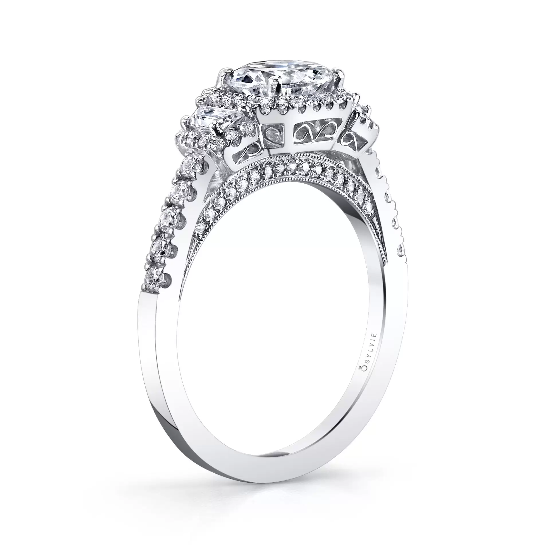 White Gold Round Cut Three Stone Engagement Ring with Baguette Diamonds - Paris - Profile View