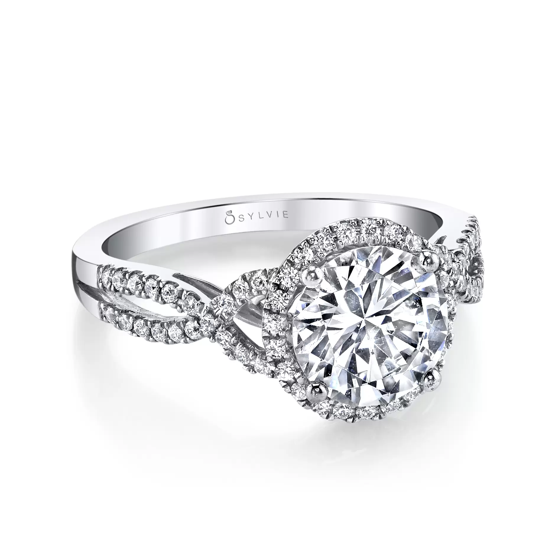 White Gold Spiral Engagement Ring with Halo - Jocelina - Profile View