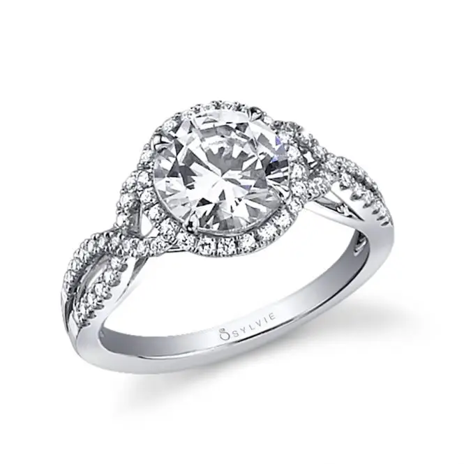 White Gold Spiral Engagement Ring with Halo