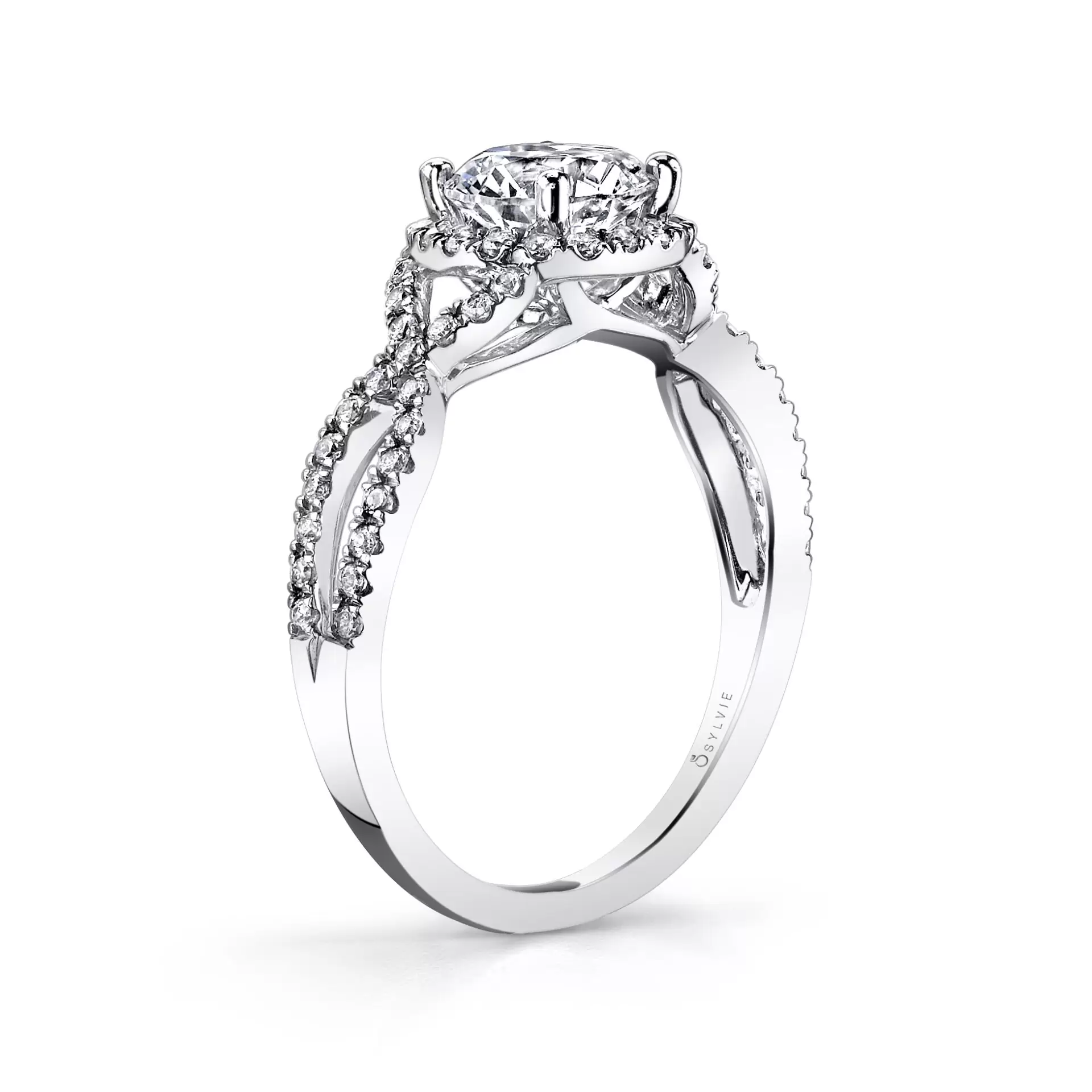 White Gold Spiral Engagement Ring with Halo - Jocelina - Profile View