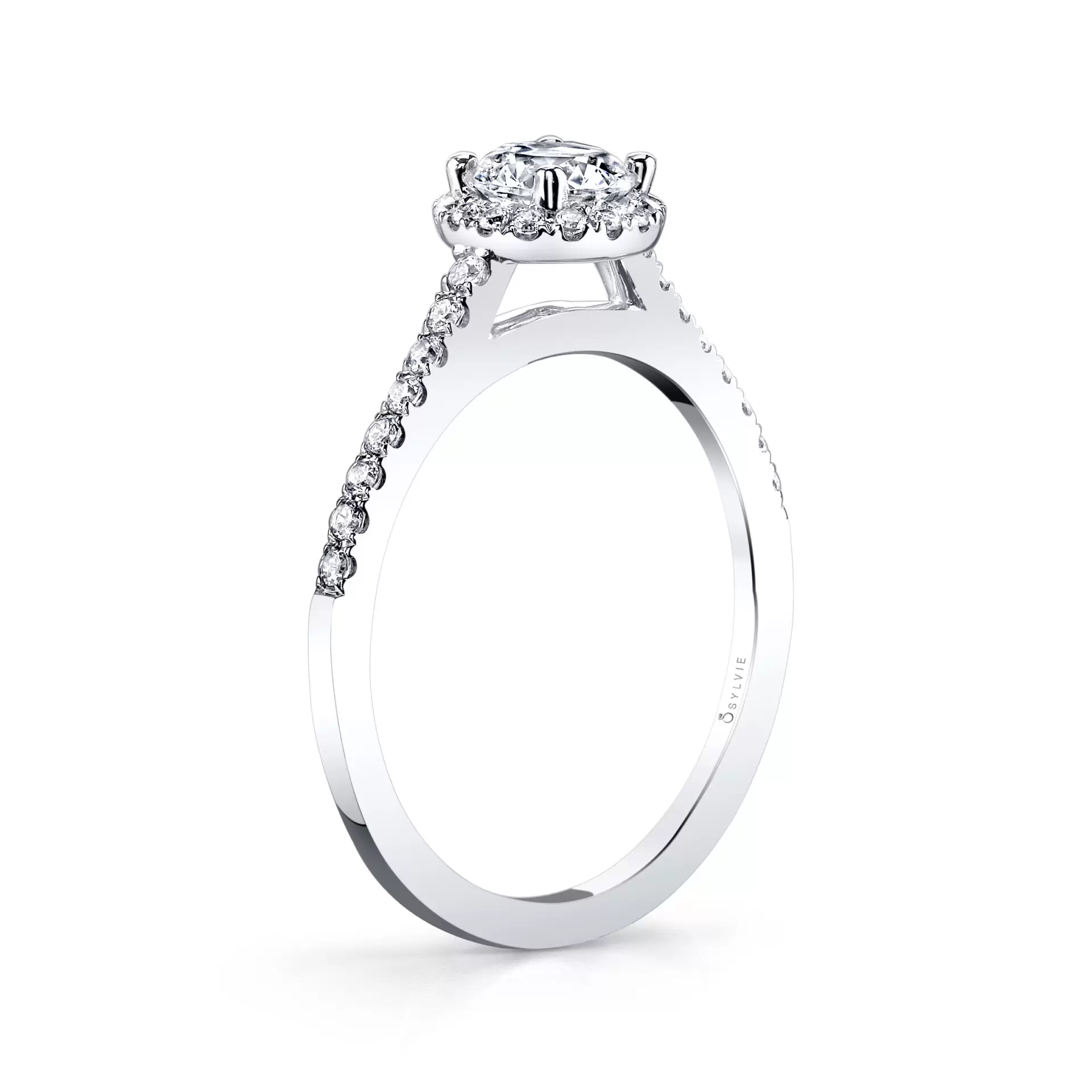 White Gold Round Halo Engagement Ring - Jenny - Profile View