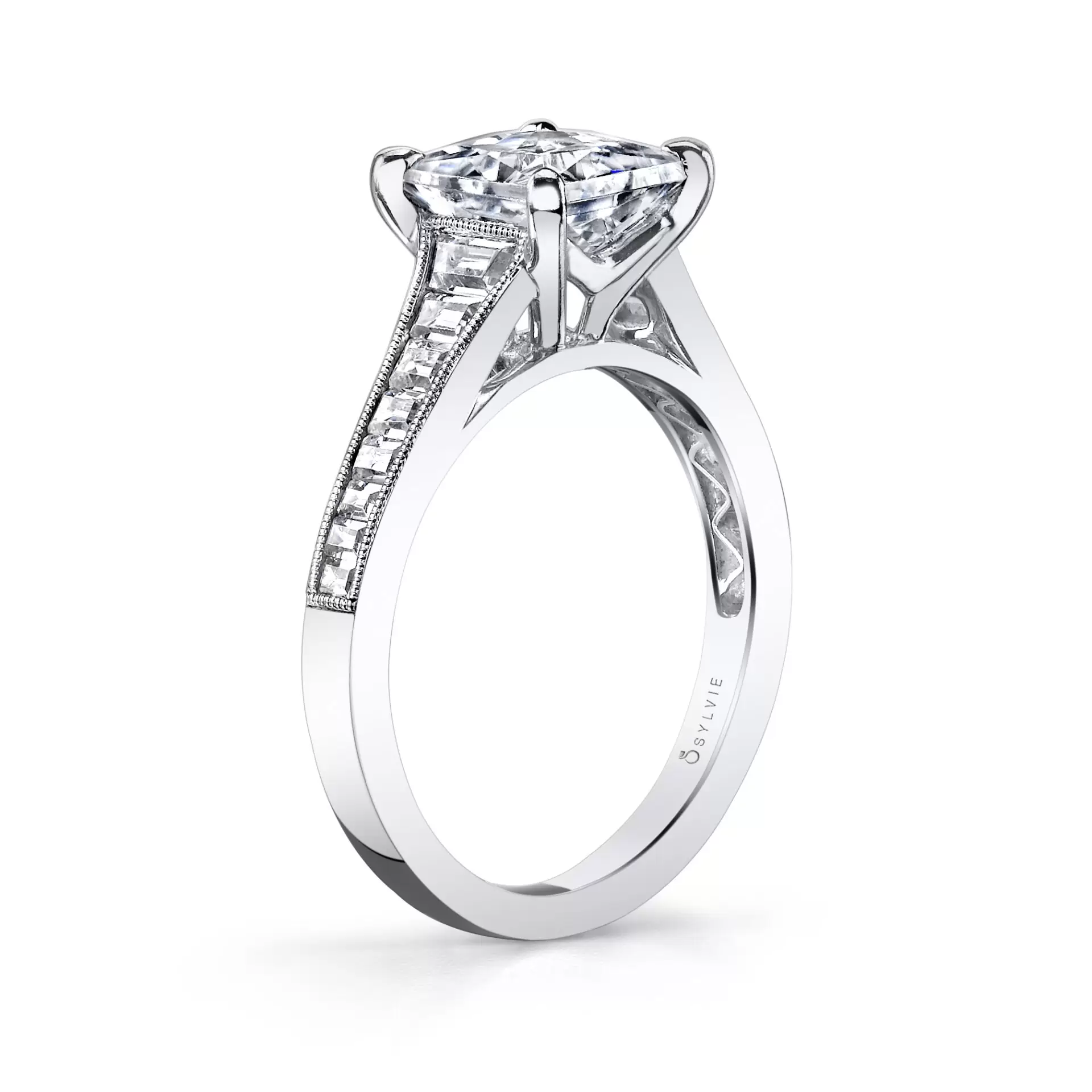 White Gold Modern Princess Cut Baguette Engagement Ring - Colletta - Profile View