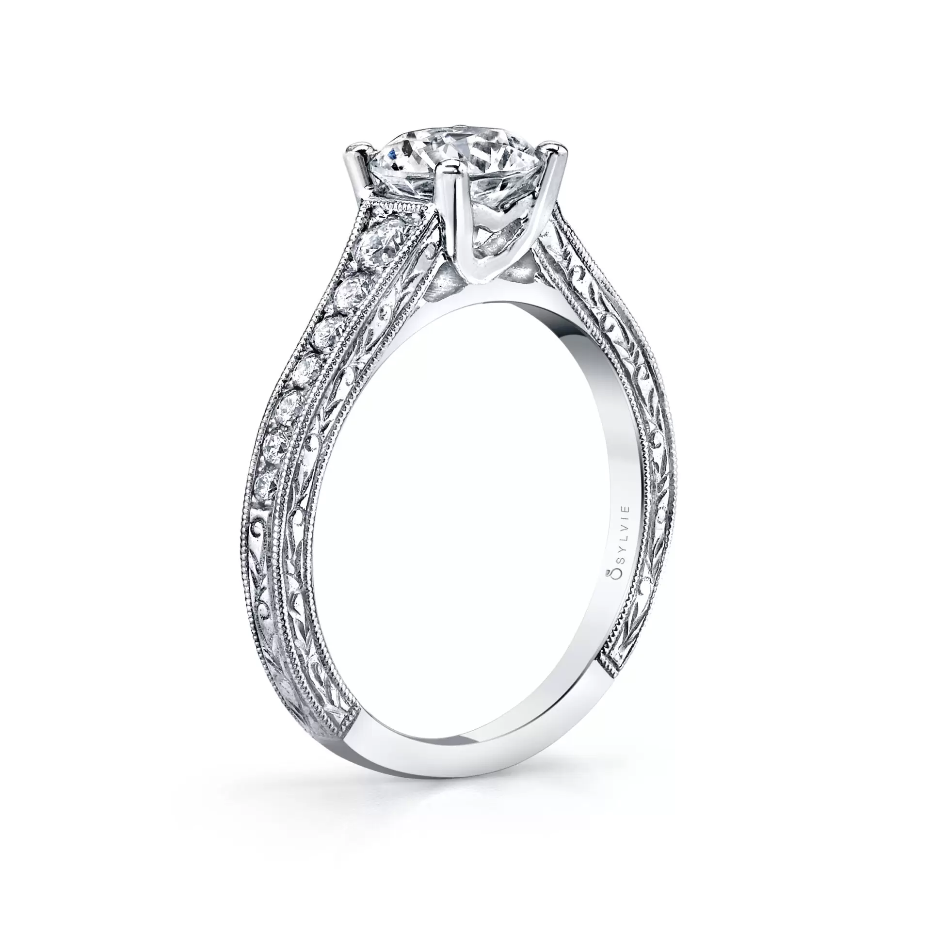White Gold Round Hand Engraved Engagement Ring - Desirae - Profile View