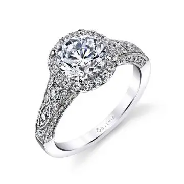 White Gold Round Cut Modern Vintage Halo Engagement Ring - Cheri