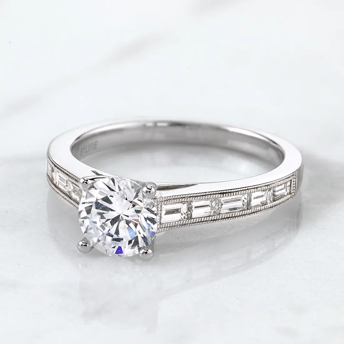 White Gold Round Cut Modern Baguette Engagement Ring - Victoria - Profile View