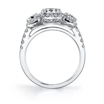 White Gold Round Cut Three Stone Cushion Halo Engagement Ring - Hannela