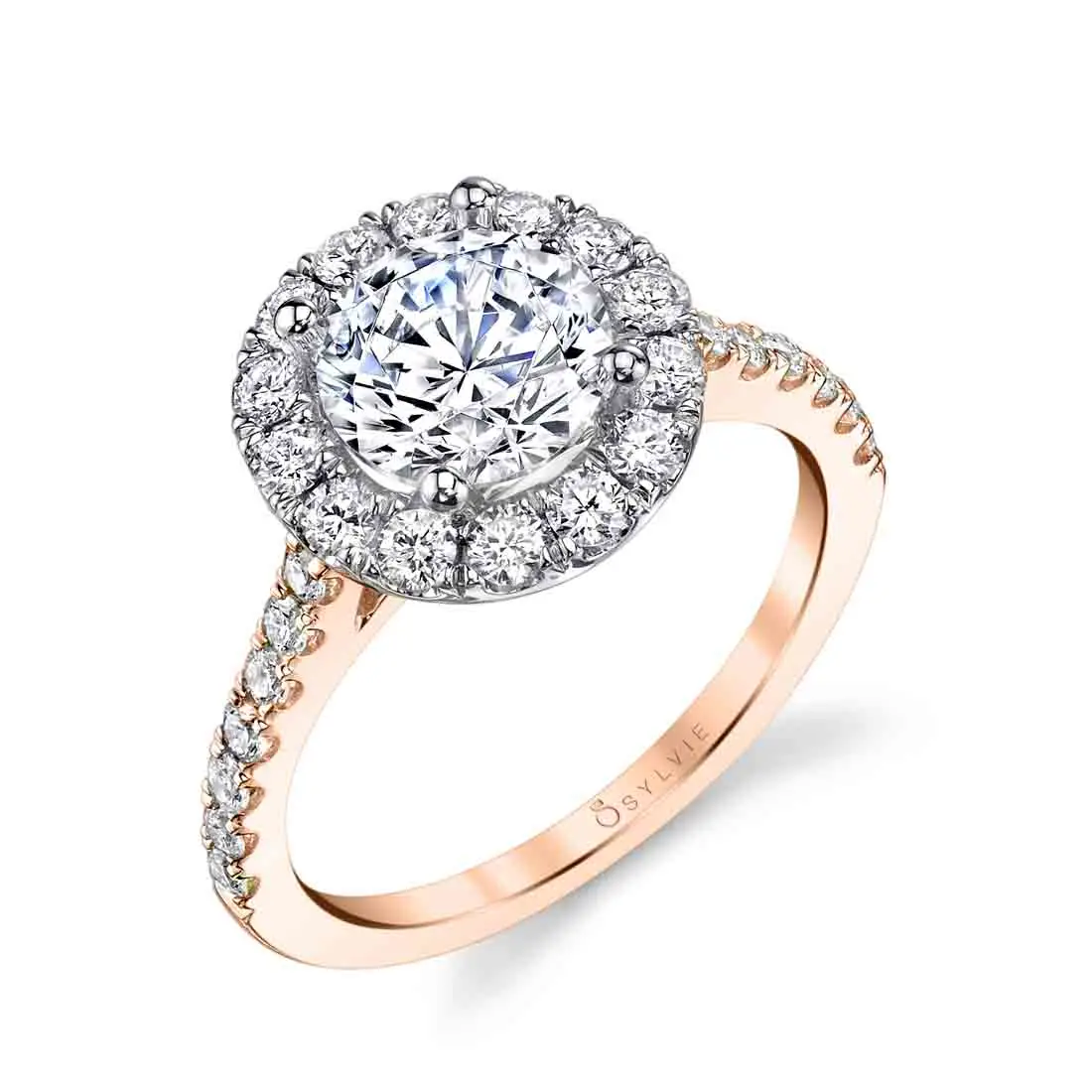 White Gold Round Cut Two Tone Classic Halo Engagement Ring - Jacalyn - Profile View