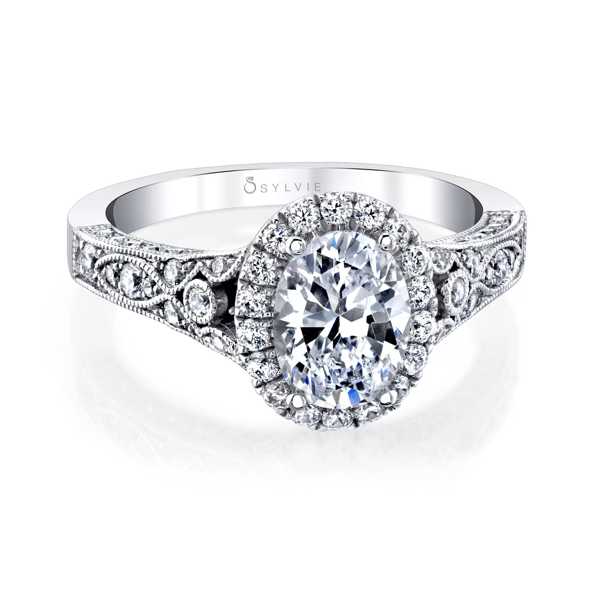 White Gold Oval Cut Modern Vintage Halo Engagement Ring - Cheri - Lifestyle Image - Profile View - Lifestyle Image
