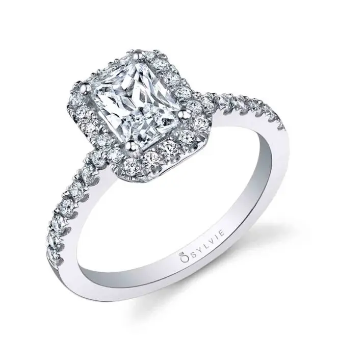 Adrienne – Emerald Cut Engagement Ring with Halo