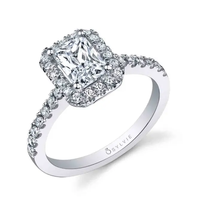 Emerald Cut White Gold Classic Two Tone Halo Engagement Ring - Chantelle
