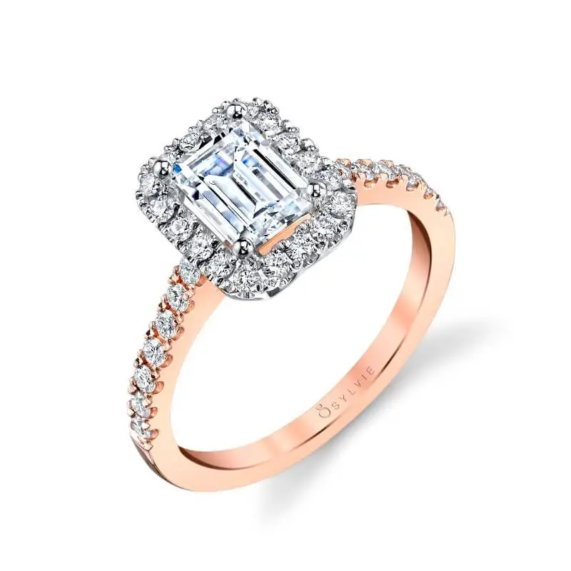 White Gold Emerald Cut Classic Two Tone Halo Engagement Ring - Chantelle - Profile View