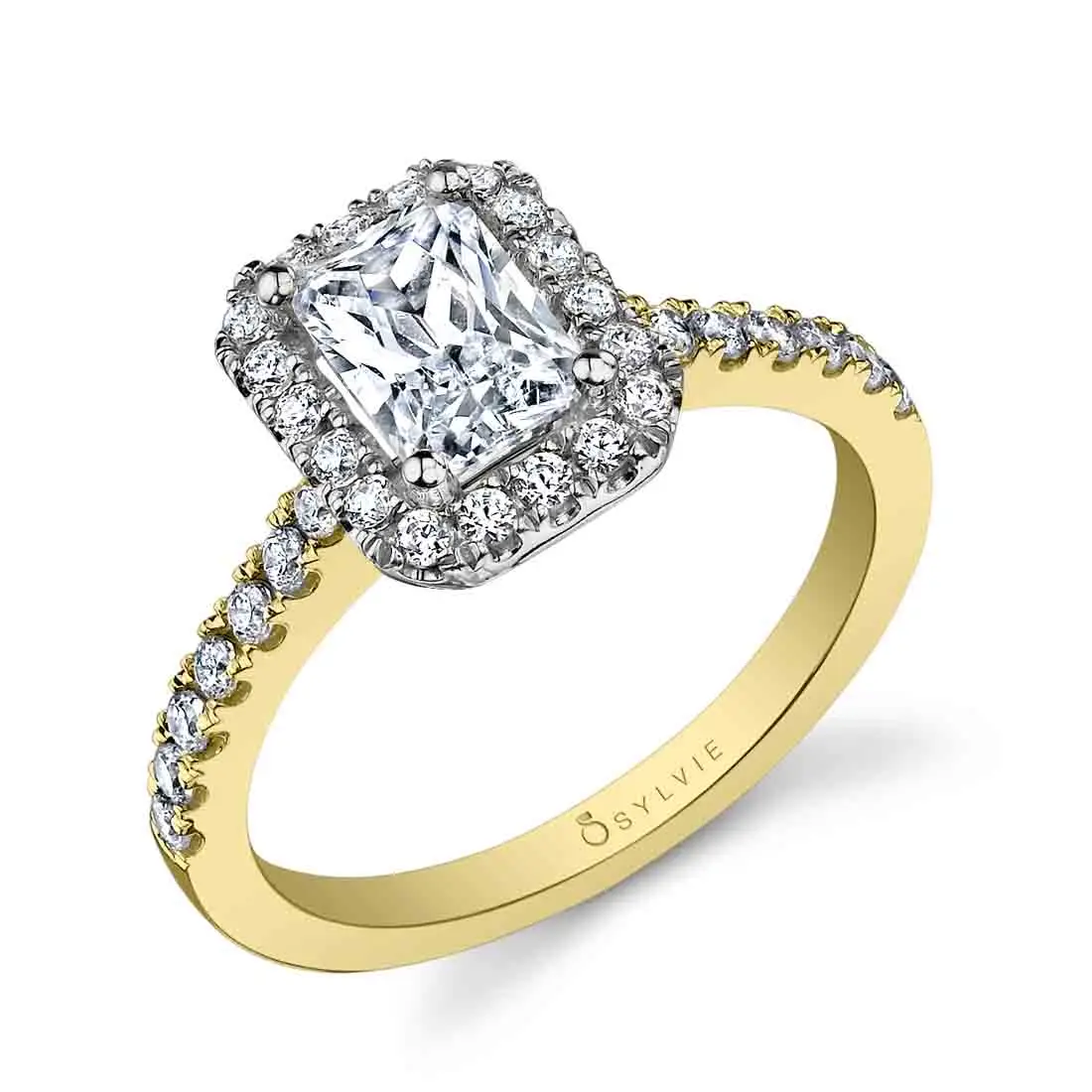 White Gold Emerald Cut Classic Two Tone Halo Engagement Ring - Chantelle - Profile View