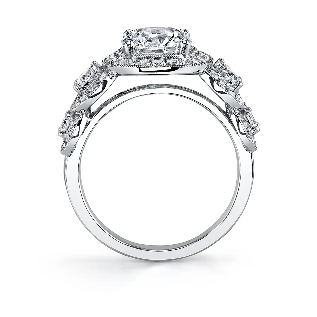 White Gold Round Cut Vintage Inspired Five Stone Engagement Ring - Elyse - Profile View