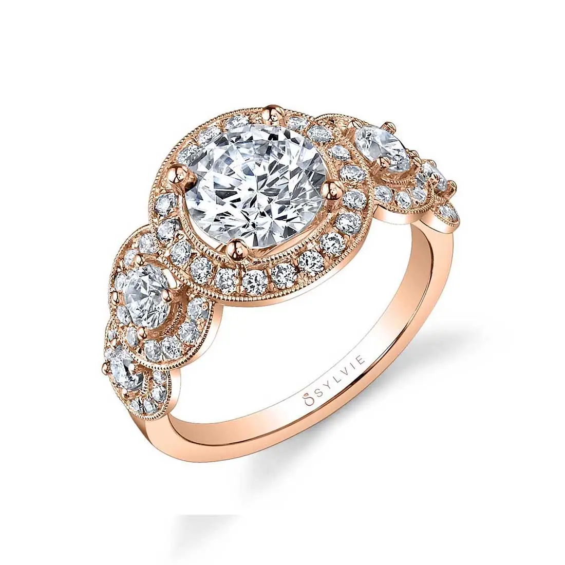 White Gold Round Cut Vintage Inspired Five Stone Engagement Ring - Elyse - Profile View