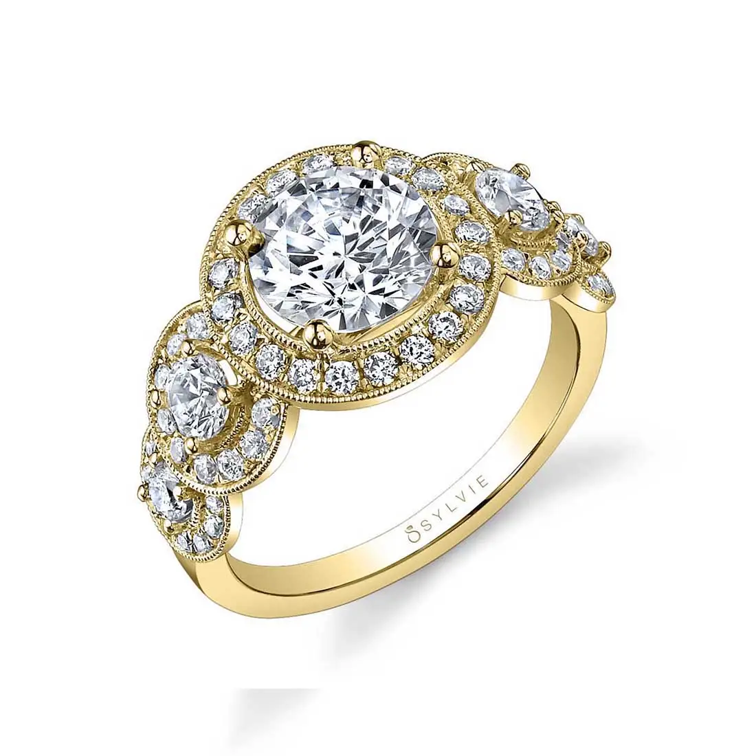 White Gold Round Cut Vintage Inspired Five Stone Engagement Ring - Elyse - Profile View