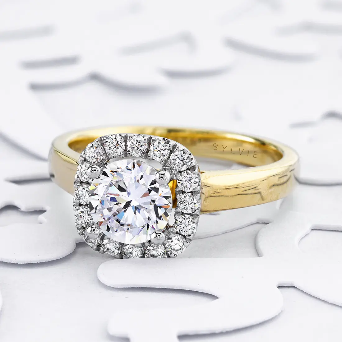 White Gold Cushion Cut Halo Engagement Ring Two Tone - Therese - Profile View