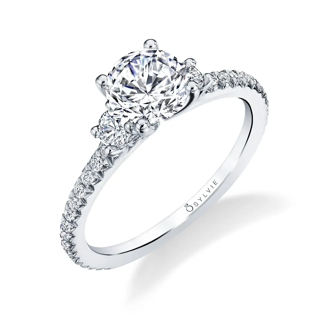 White Gold Round Cut Classic Three Stone Engagement Ring - Eloise