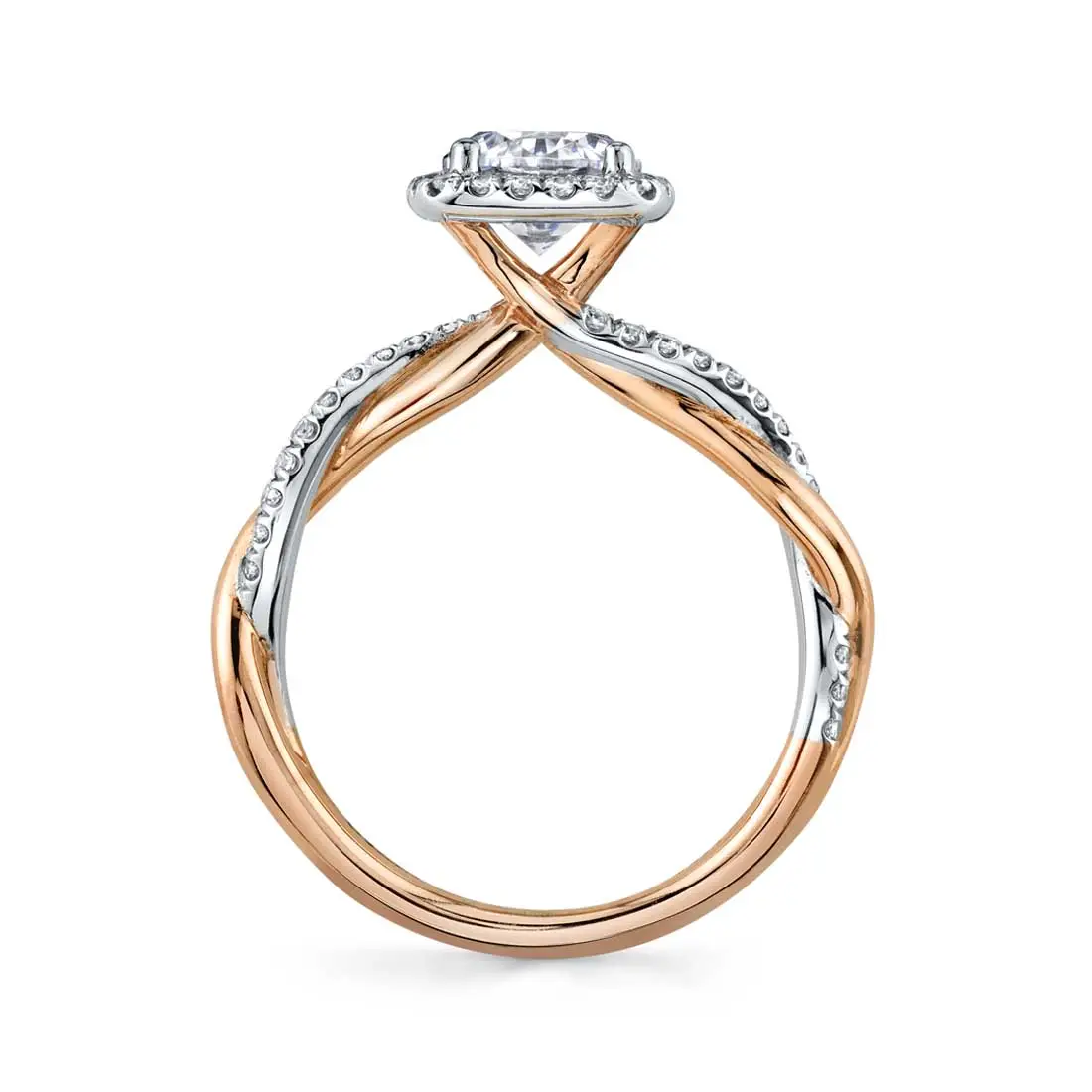 White Gold Cushion Cut Two Tone Modern Halo Diamond Spiral Engagement Ring - Coralie