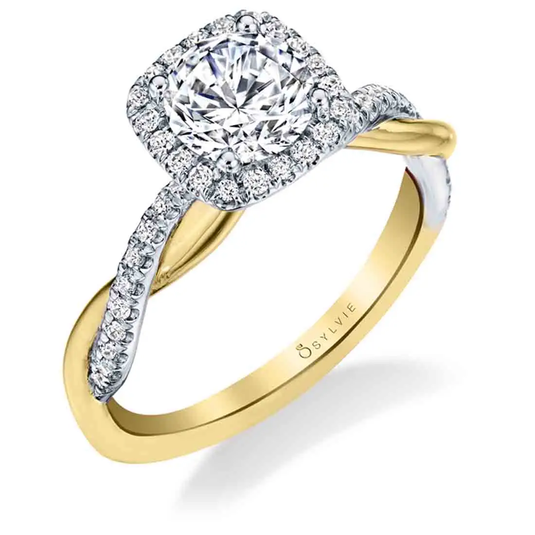 White Gold Cushion Cut Two Tone Modern Halo Diamond Spiral Engagement Ring - Coralie