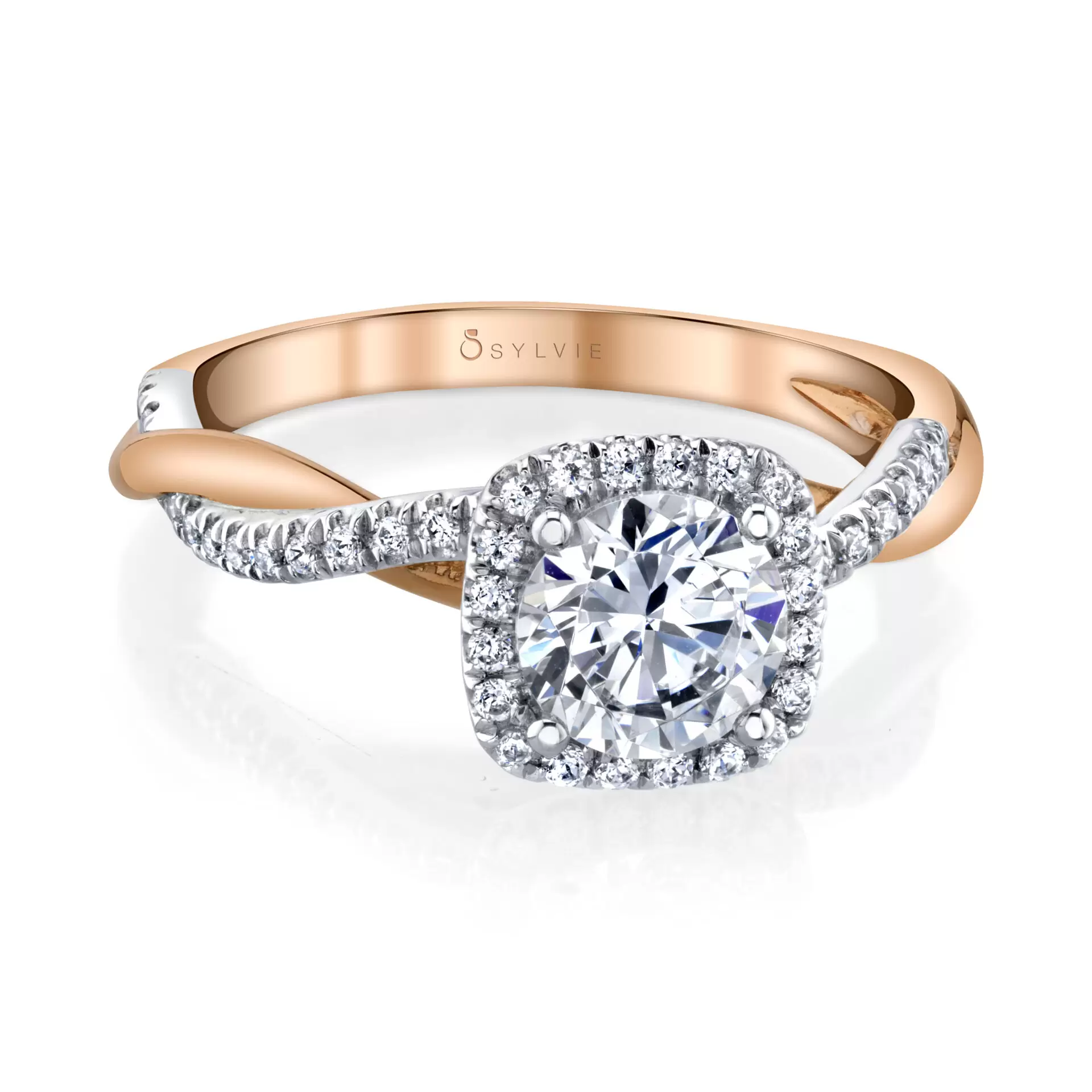White Gold Cushion Cut Two Tone Modern Halo Diamond Spiral Engagement Ring - Coralie