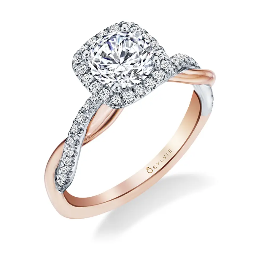 White Gold Cushion Cut Two Tone Modern Halo Diamond Spiral Engagement Ring - Coralie