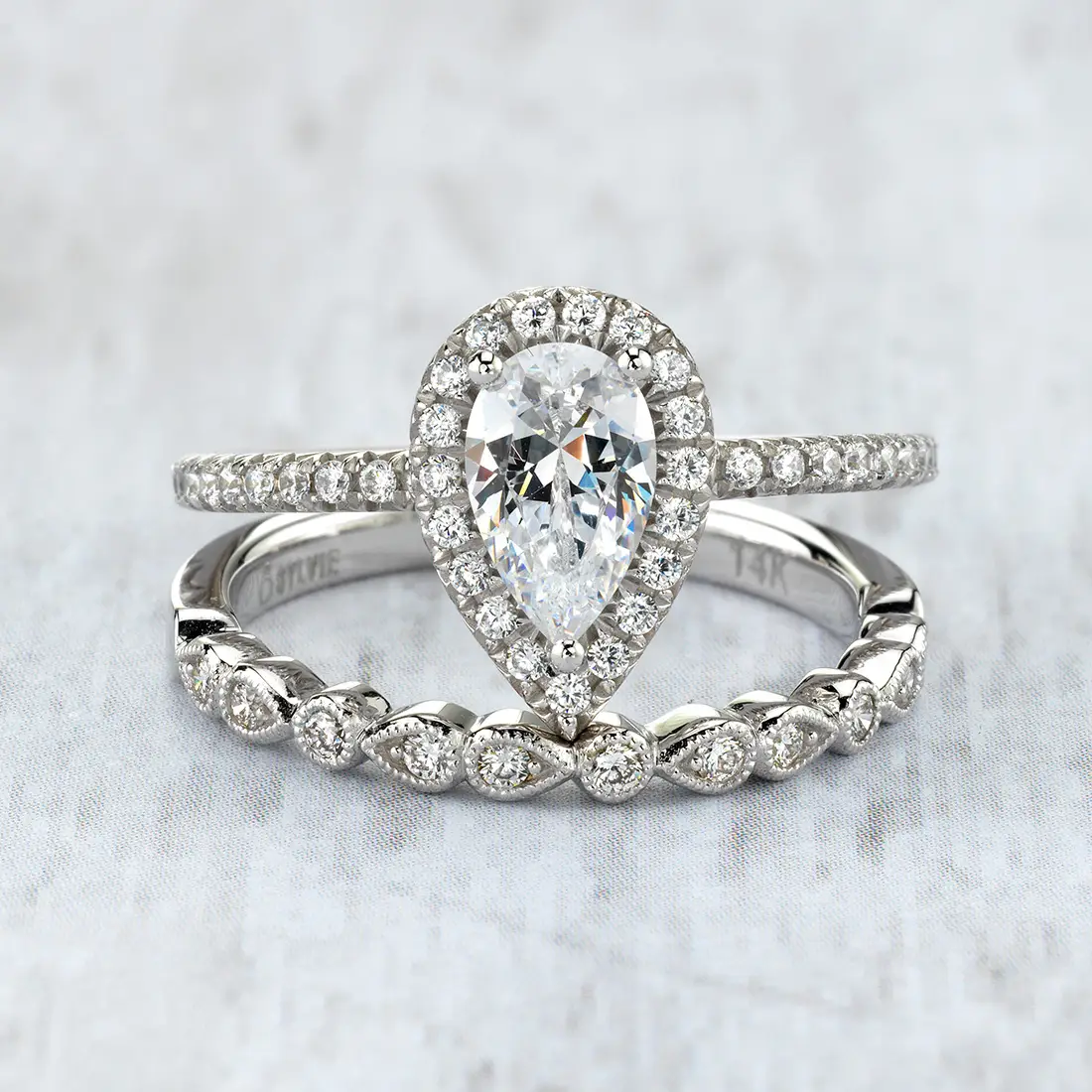 White Gold Pear Shaped Classic Halo Engagement Ring - Vivian