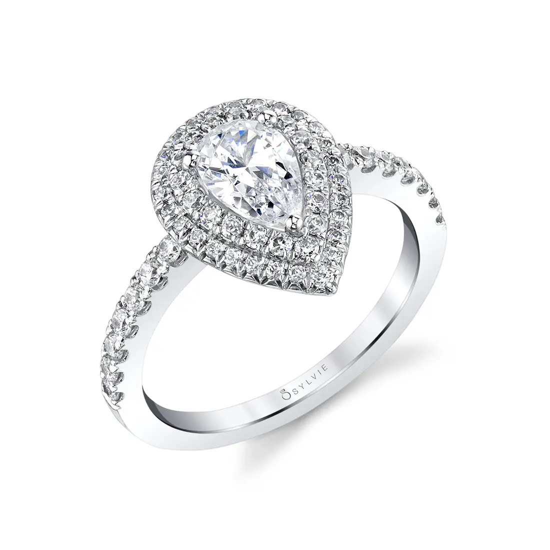 Pear Shaped Double Halo Engagement Ring Claudia Sylvie Jewelry