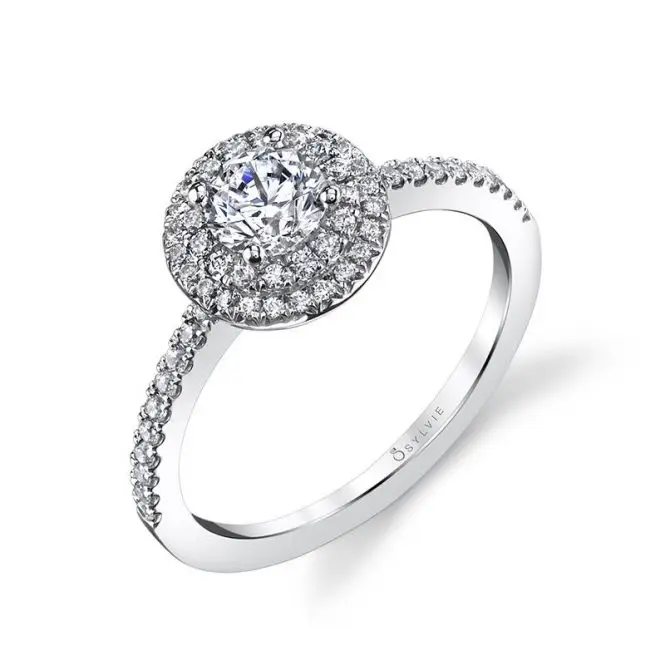White Gold Round Cut Petite Double Halo Engagement Ring