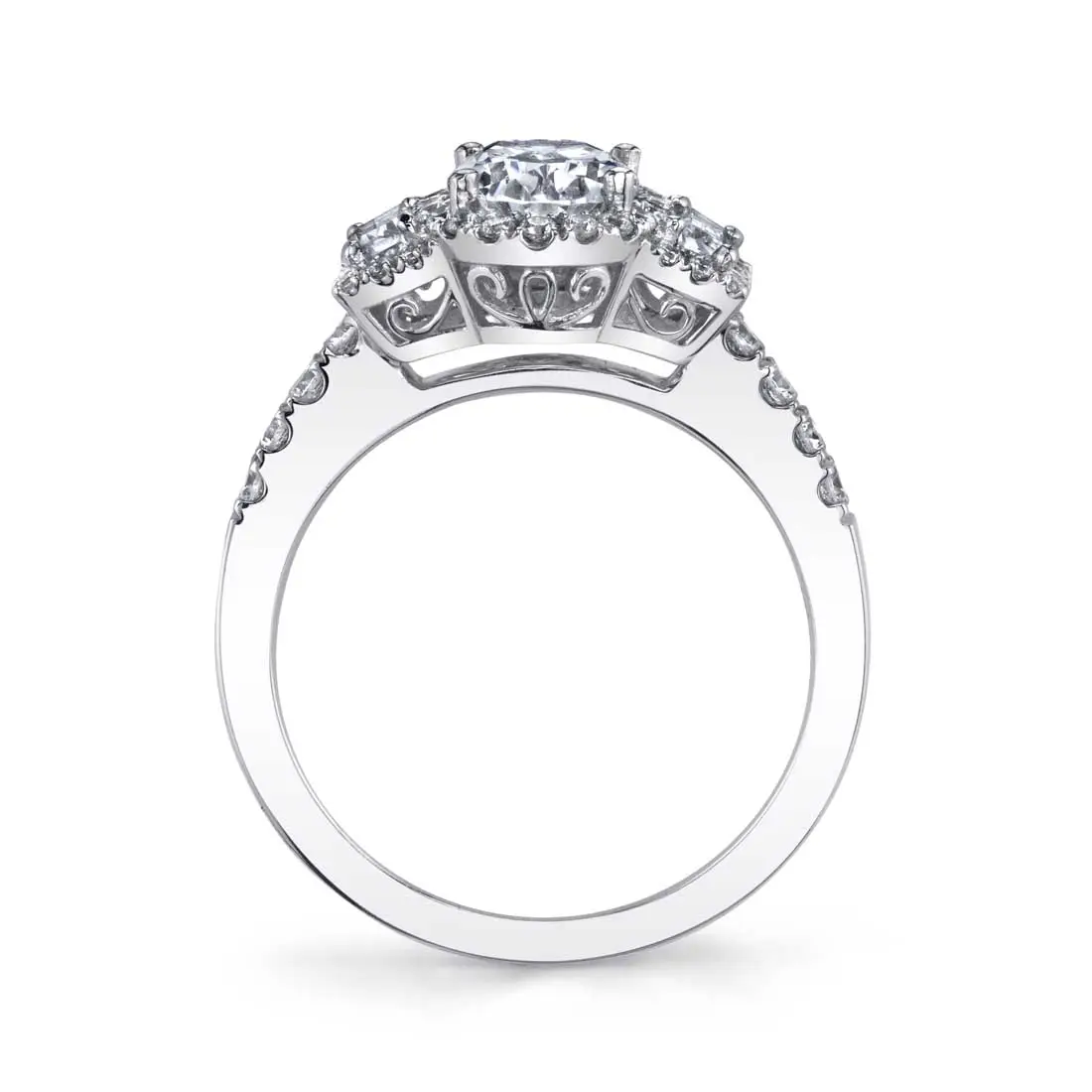Oval Cut Three Stone Halo Engagement Ring with Baguettes - Vicky