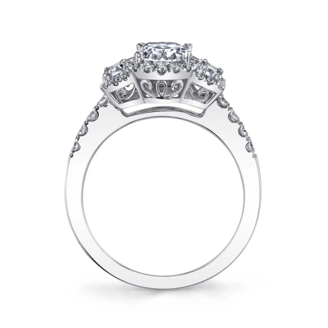 White Gold Oval Cut Three Stone Halo Engagement Ring with Baguettes - Vicky