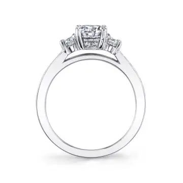 White Gold Round Cut Three Stone Engagement Ring with Milgrain Detail - Bianca