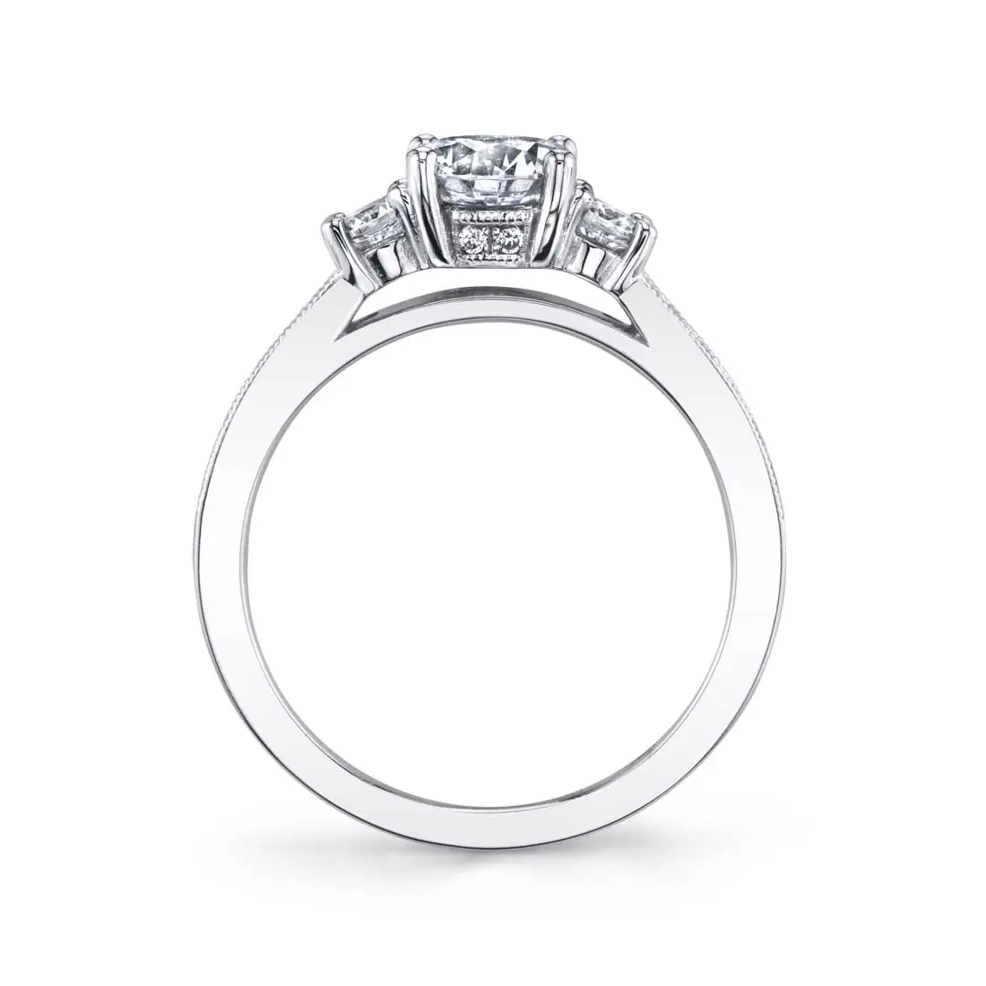 White Gold Round Cut Three Stone Engagement Ring with Milgrain Detail - Bianca