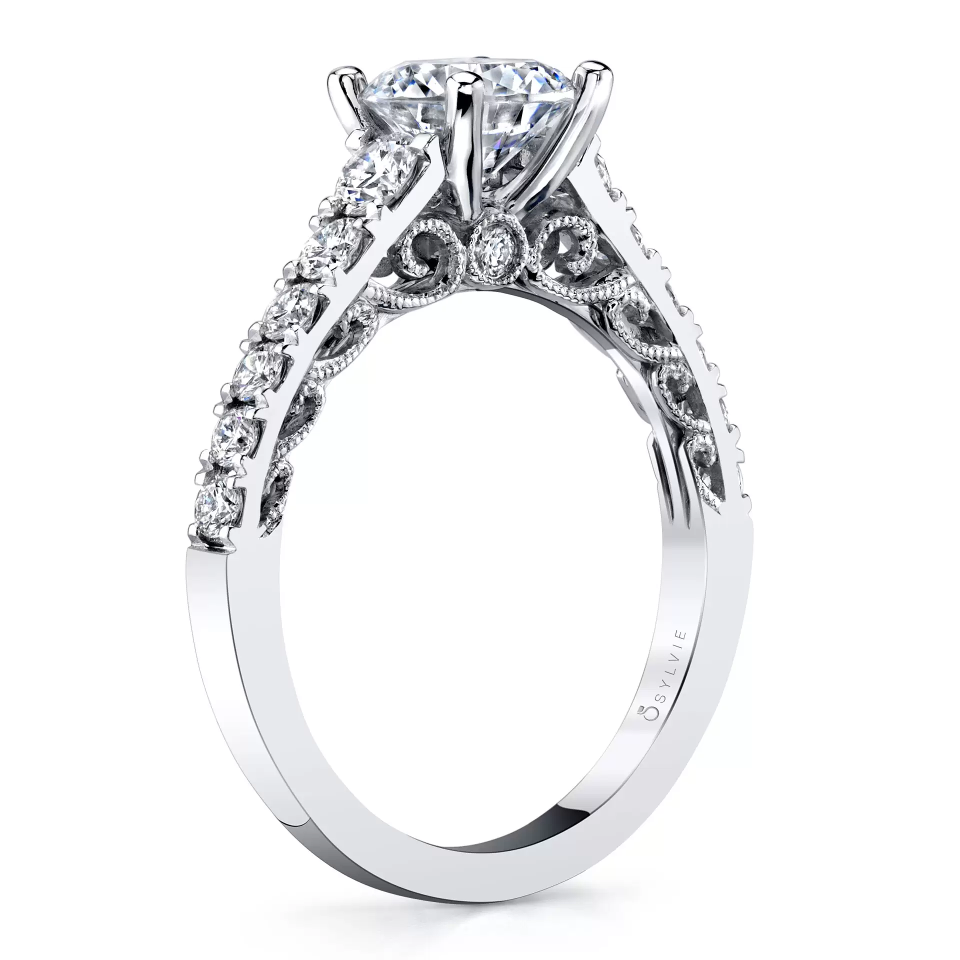 White Gold Round Cut Vintage Inspired Classic Engagement Ring - Lolita