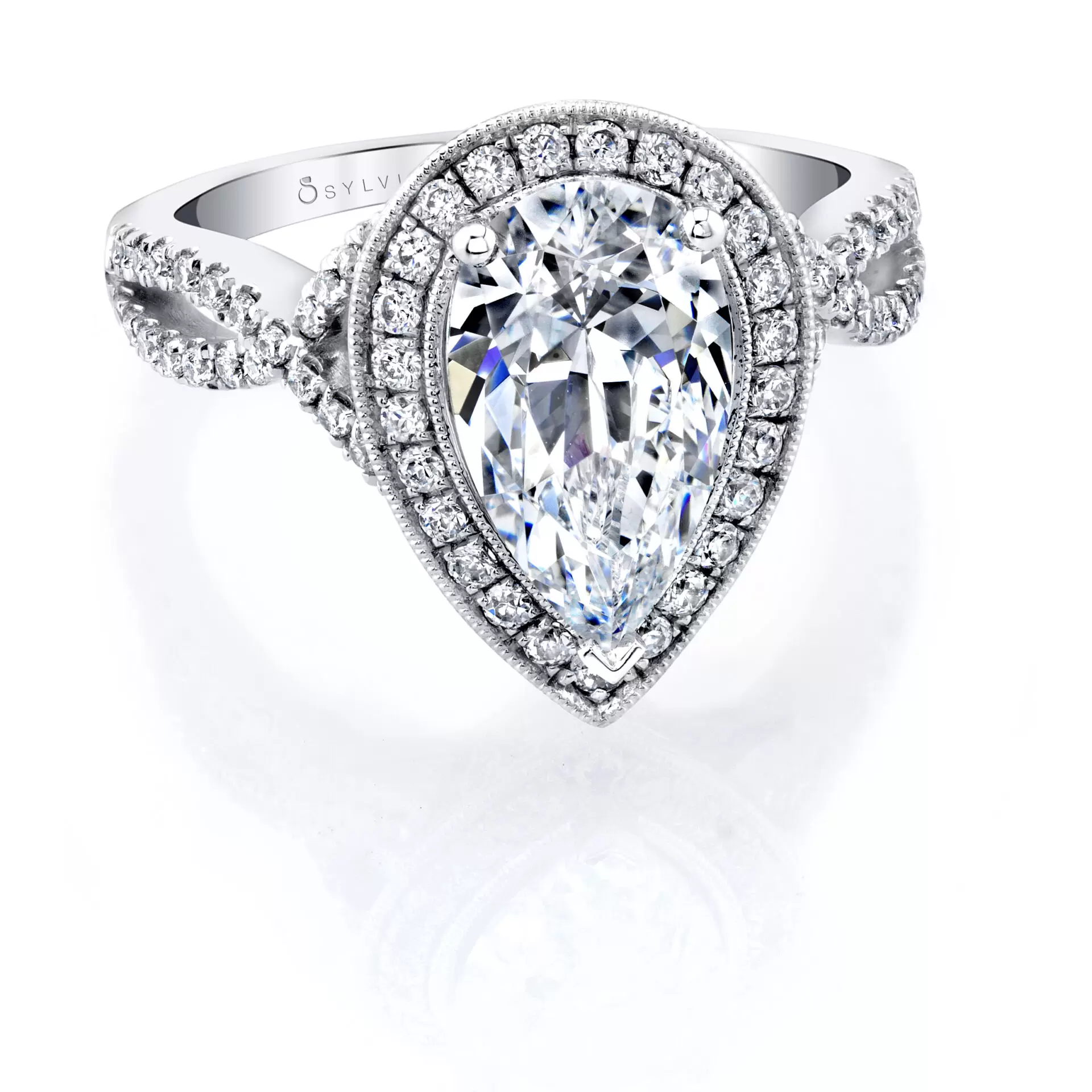 White Gold Pear Shaped Engagement Ring with Halo - Alyssa - Profile View
