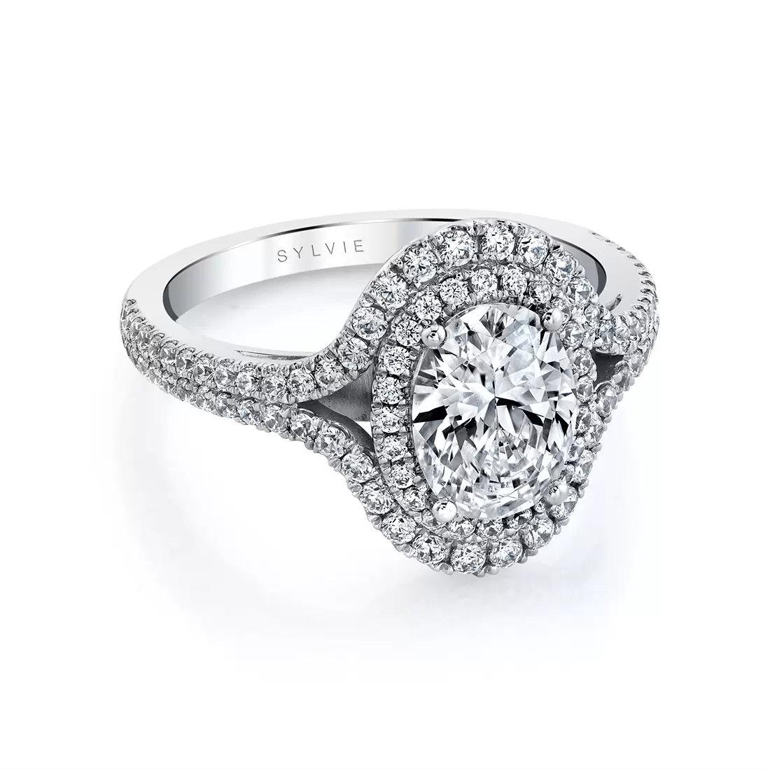 White Gold Oval-Shaped Double Halo Engagement Ring - Poppy - Profile View