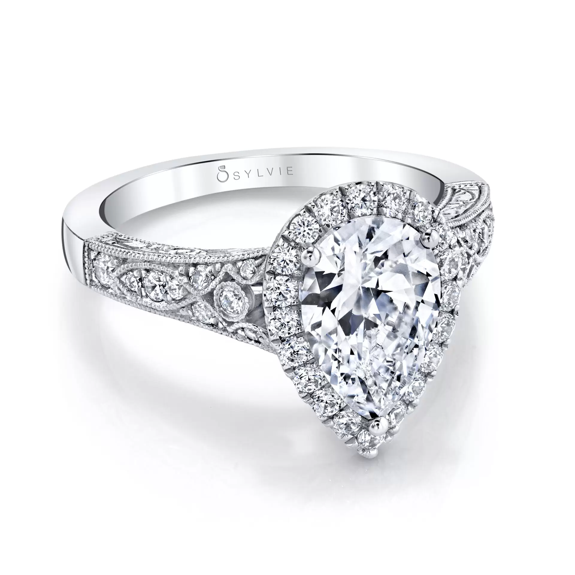 White Gold Pear Shaped Vintage Halo Engagement Ring - Seraphina - Profile View