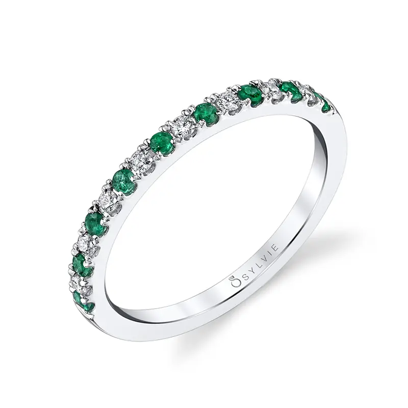 White Gold Emerald and Diamond Wedding Band