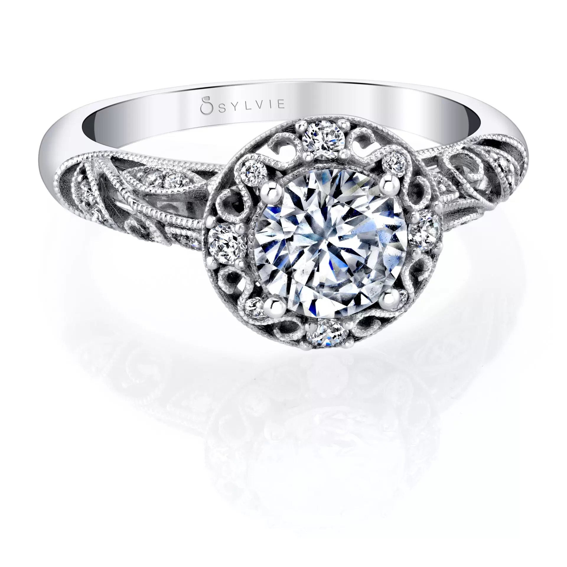 White Gold Round Cut Vintage Engagement Ring - Naelle - Profile View