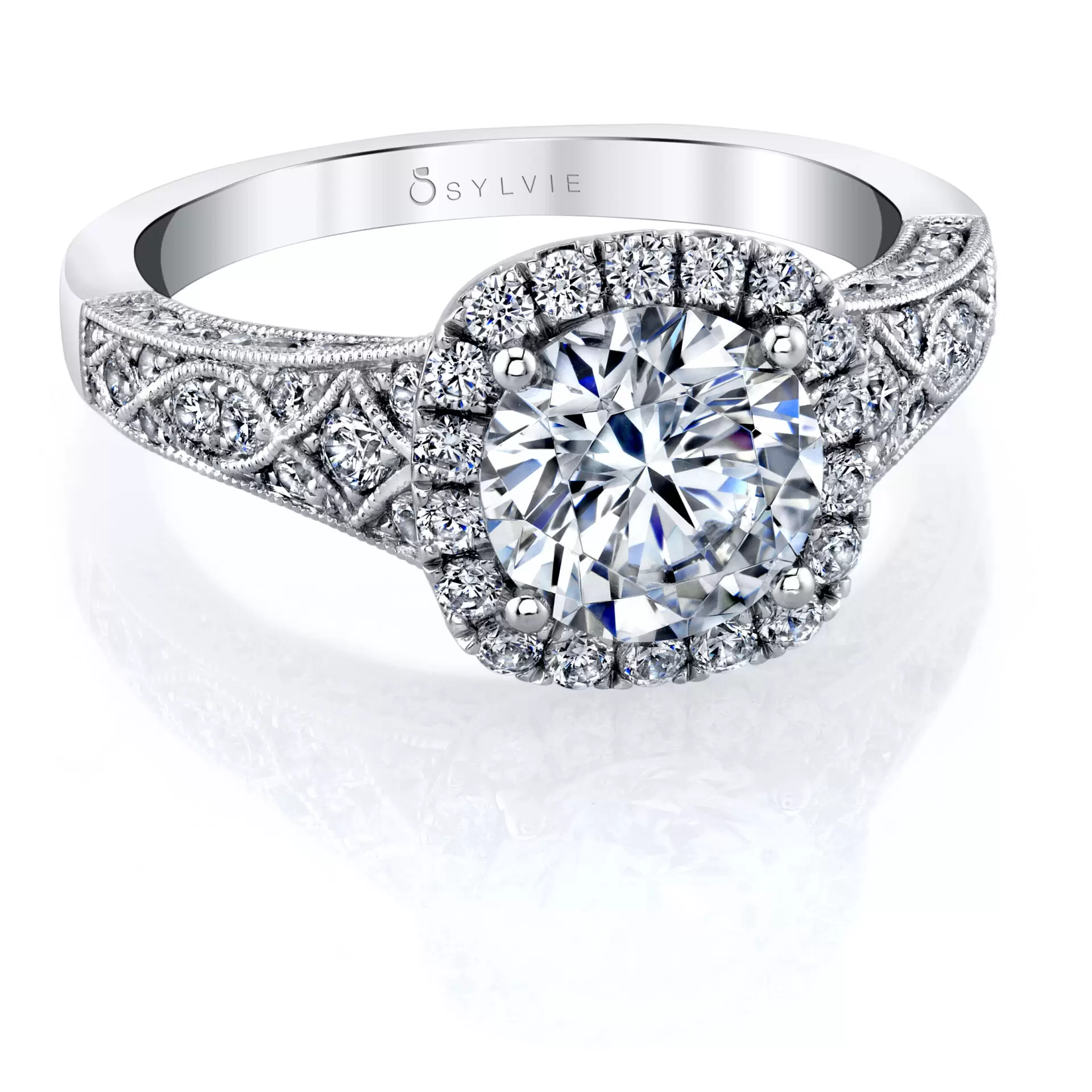 White Gold Round Cut Vintage Inspired Engagement Ring with Cushion Halo - Elodie - Profile View