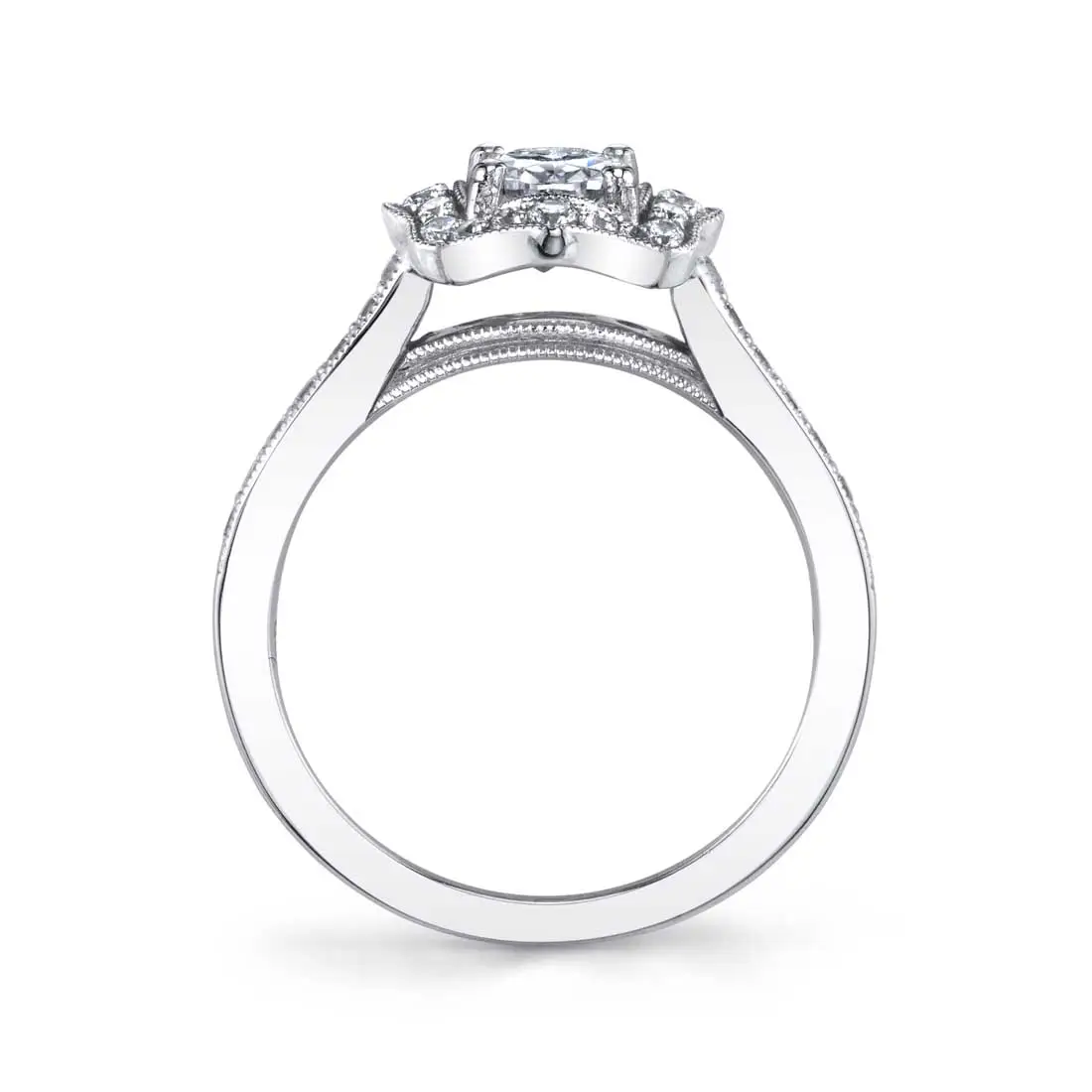 White Gold Round Cut Vintage Inspired Flower Engagement Ring - Michaela