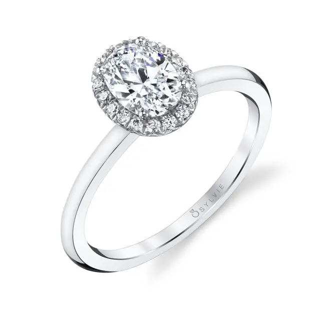 Oval Cut White Gold Solitaire Halo Engagement Ring - Elsie