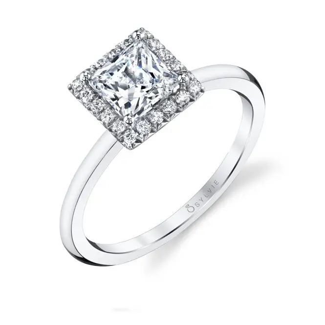 Princess Cut White Gold Solitaire Halo Engagement Ring - Elsie